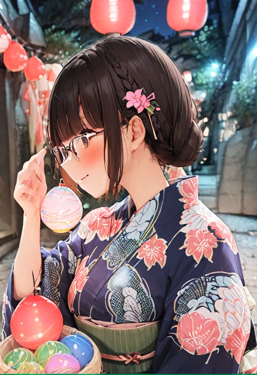 masterpiece, best quality, very aesthetic, absurdres,
mizufusen, 1girl, japanese clothes, solo, glasses, yukata, hair ornament, flower, hair flower, holding, smile, upper body, profile, bangs, sash, floral print, black hair, hand up, obi, blunt bangs, closed mouth, from side, braid, blush, pink flower, green kimono, night, summer, paper lantern, blurry background, 
 <lora:mizufusen_SDXL_V1:1>