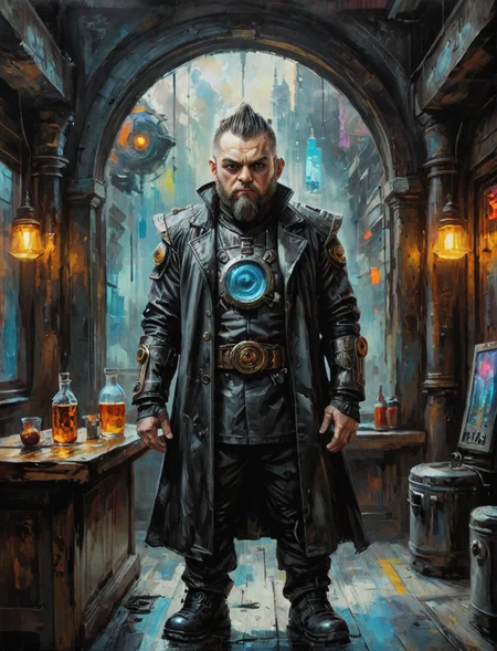 Oil painting of a oil painting of a futuristic dwarf warrior, black shirt, long coat, cyberpunk bar, large window background, hyper realistic, super detailed, Science Fiction, D&D, trending on art station, tb, <lora:ThickBrush:0.5> <lora:drkkaw_epoch_10:0.5>