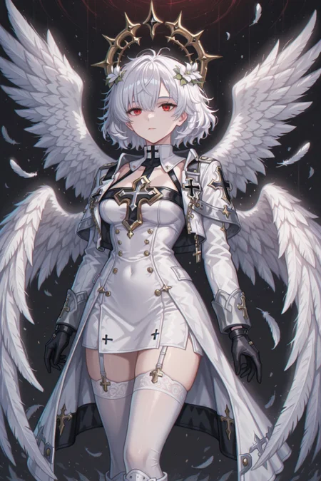 white hair, messy hair, short hair, crimson red eyes,
white thighhighs, black gloves, white dress,
white jacket black inner lining, angel wings, garter straps, white boots,
plain white collar, (black cross with golden outer frame under chest),
serafy, 1girl, solo, medium breasts,
simple background,
clean face, expressionless,
full body, pixel,