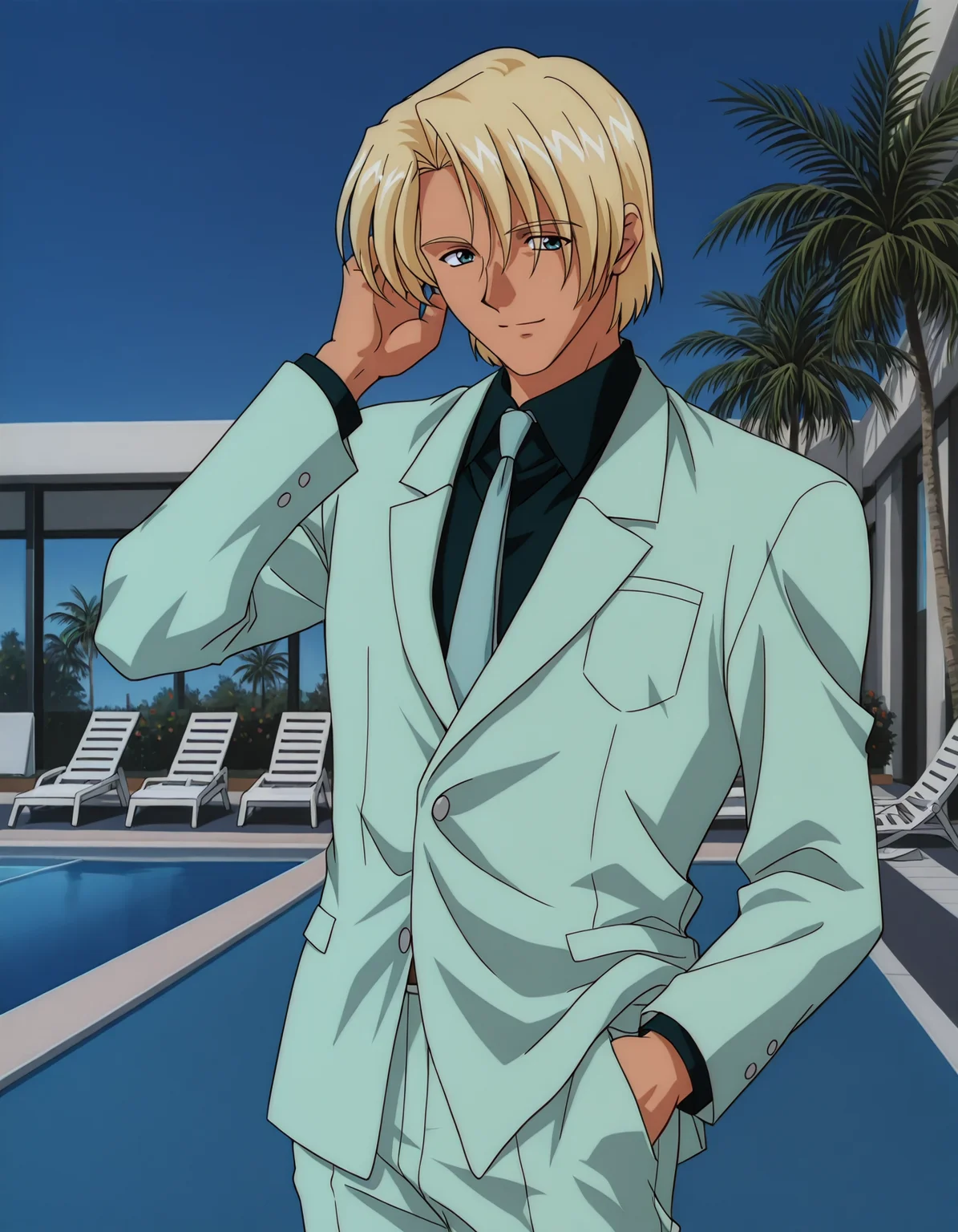 1boy, solo, <lora:aika-illustrious-v3:0.9> fak3d3lm0ag3nt, green suit, blonde hair, light smile, hand in pocket, hand in own hair, poolside, cowboy shot, blue sky
