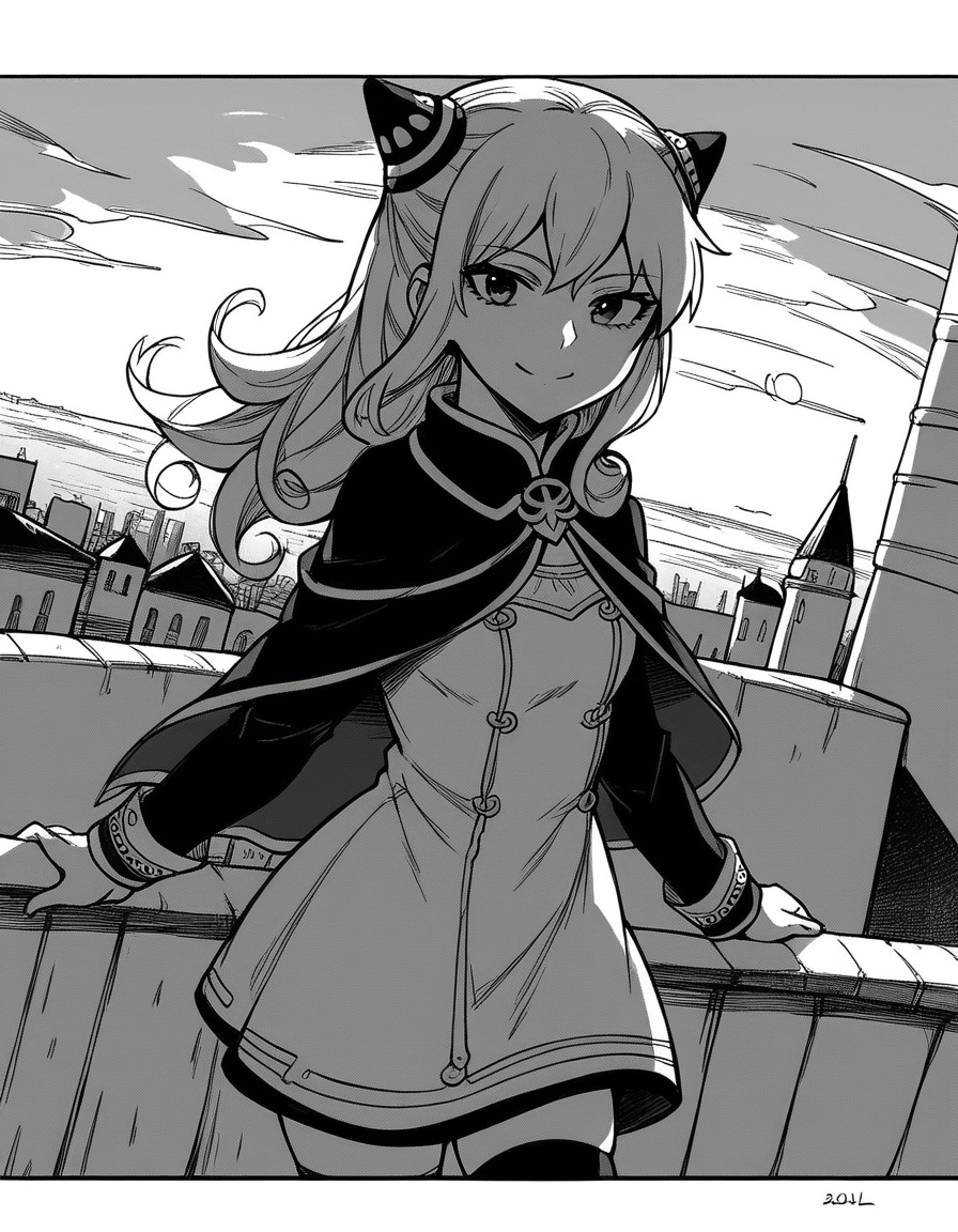 score_9, score_8_up, score_7_up, source_anime, <lora:ashe-talton-manga-ponyxl-lora-nochekaiser:1>, rengoku ashe, long hair, greyscale, monochrome,, thighhighs, long sleeves, capelet, cape, dress, white dress,, rooftop, sunset, cityscape, quiet moment, wind blowing, contemplative, smile, looking at viewer, solo,, cowboy shot, dutch angle