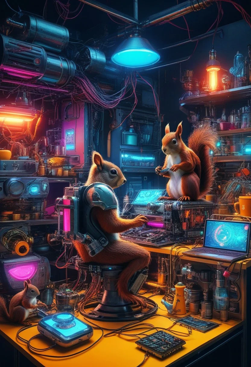 (a team of squirrel engineers frantically building a mech out of kitchen appliances:1.2), (cat commander yelling from a rolling pin turret:1.1), colorful chaos, glowing wires, cyberpunk workshop masterpiece, best quality, vibrant colors, SFW, cyberpunk, high-contrast lighting, neon glow, cyberpunk style, glowing, hi-tech, sci-fi, whimsical, dynamic composition
<lora:holosomnia-xl-alpha:0.8><lora:add-detail-xl:3><lora:CyberpunkWorld:0.1> CyberpunkWorld, cute,