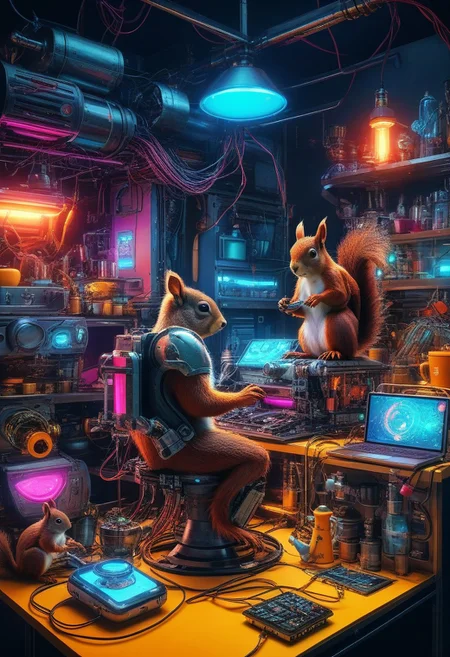 (a team of squirrel engineers frantically building a mech out of kitchen appliances:1.2), (cat commander yelling from a rolling pin turret:1.1), colorful chaos, glowing wires, cyberpunk workshop masterpiece, best quality, vibrant colors, SFW, cyberpunk, high-contrast lighting, neon glow, cyberpunk style, glowing, hi-tech, sci-fi, whimsical, dynamic composition
<lora:holosomnia-xl-alpha:0.8><lora:add-detail-xl:3><lora:CyberpunkWorld:0.1> CyberpunkWorld, cute,