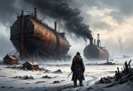 detailed oil painting, wide photo, landscape, masterpiece, trending, post apocalyptic frostpunk world, gloomy, wide shot, in the background far away a rusty (sea oil tanker) left in a frozen desert with engines running and lots of black smoke from the chimney, a man in a big fur coat looking in the distance, winter storm, some leftovers from buildings collapsed long ago