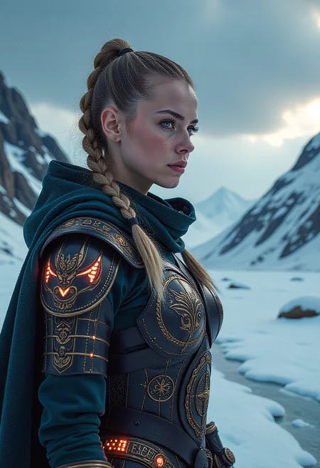 A captivating image emerges, focusing on a viking_punk warrior-princess, her presence commanding attention in the icy wasteland. Her futuristic viking armor based on traditional viking armor, a seamless fusion of technology and her athletic form, slim-athletic form highlights her strength and agility. The warrior's twin braids with shaved sides, frames her determined expression, while her piercing eyes bore into the viewer. Ancient runes are etched into her battleaxe and armor, crackling with mystical glowing energy.
The frozen landscape, a testament to her people's resilience, stretches into the distance, where dark, ominous clouds partially veil the rugged mountainous pass, filling the air with crispness and the promise of lightning.
This artwork, with its Nordic and Viking-inspired elements, captures the essence of a powerful futuristic figure, seamlessly blending ancient traditions with futuristic innovations. mad-cbrpnk-dtlr, hologram, perfection style,