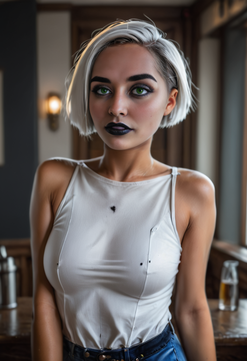 <lora:ReinaXL:1> ReinaXL, 
 bartender woman, black lipstick, white top, jean short, in a pub, ultra hd, ultra detailed eyes, ultra detailed, masterpiece, award wining photography, neon ligh