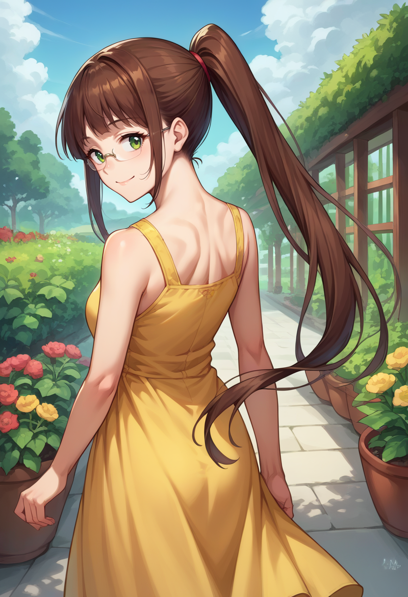 score_9, score_8_up, source_anime, 1girl, RuriMiyamoto, brown hair, bangs, very long hair, ponytail, green eyes, glasses, from behind, yellow sundress, garden, day, sunshine, smile, looking back, <lora:ChamRuriMiyamotoPonyXL:1>