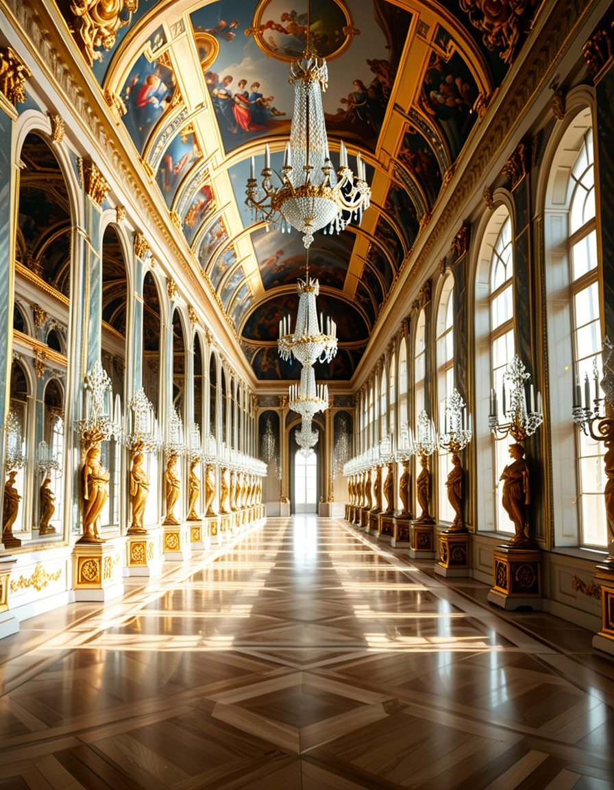 A breathtaking, photorealistic depiction of the Hall of Mirrors (Galerie des Glaces) at the Palace of Versailles in France, captured in golden afternoon light. The hall is grand and opulent, with a high arched ceiling painted with intricate Baroque frescoes. The walls are lined with tall arched mirrors on one side and large arched windows on the opposite side, flooding the space with natural light. Elegant crystal chandeliers hang from the ceiling, reflecting in the mirrors and sparkling with golden highlights. The marble floors are polished and gleaming, with rich, warm tones. Gilded statues and decorative elements frame the mirrors and doorways. The image style is ultra-detailed and photorealistic, with sharp textures and soft, warm lighting creating a majestic, timeless atmosphere. No people present, only the serene magnificence of the empty hall. Camera angle at eye level, centered down the hall, capturing the full length and symmetry of the space.
<lora:SDXLFaeTastic2400:0.4> <lora:extremely_detailed:0.4> extremely detailed,<lora:Hall_of_M1rr0rs:1>,Hall of M1rr0rs, Masterpiece,best quality,hi res,8k,hi res,8k,award winning,(sharp focus, intricate, highly detailed),