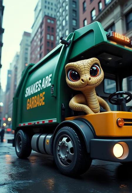 An angry anthropomorphic 3D rendering of a cute snake driving a garbage truck, on the side of the garbage truck it says "SNAKES ARE GARBAGE" the highest quality detail, New York City, detailed city background, wet streets, cool lighting with natural blue hue, UHD 8k, angry
