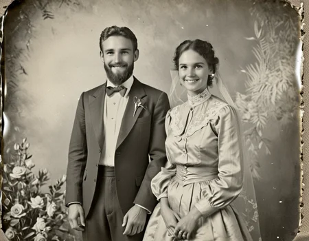 multiple boys, dress, formal, smile, shirt, long sleeves, beard, portrait husband and wife
sepia
vintage