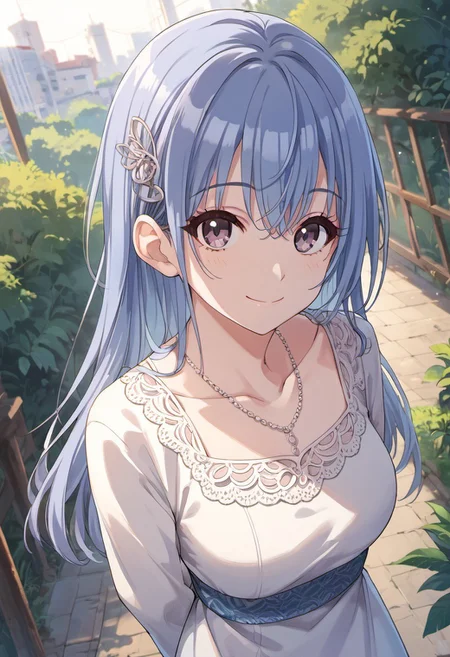 score_9, score_8_up, score_7_up, source_anime, suzuki hana, long hair, blue hair, purple eyes, 1girl, outdoors, smile, looking at viewer, dutch angle, solo, jewelry, necklace, collarbone, hair ornament, long sleeves, arms behind back, dress, closed mouth