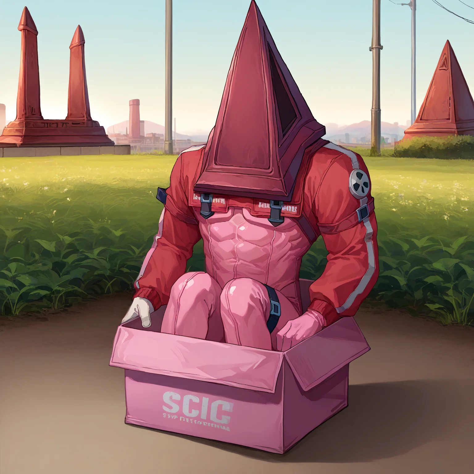 score_9, score_8_up, score_7_up BREAK source_anime, 1boy, man, <lora:EPalicebodysuit:0.75> EPalicebodysuit, wearing EPalicebodysuit, pink bodysuit, shrug \(clothing\), breast pocket, elbow strap, shoulder strap, multicolored gloves, sleeves past wrists <lora:ChamPyramidHeadPonyXL:0.9> PyramidHead, helmet, PyramidHead, helmet <lora:boxed_potat_v1:0.9> b0xe, in box, outdoors