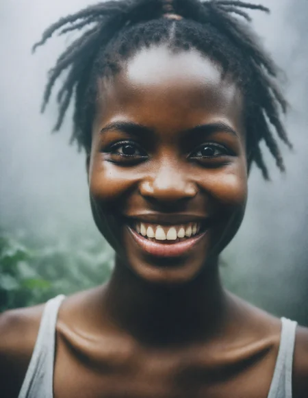 RAW photo, (realistic:1.5), extreme closeup, young african woman in the fog, sourrounded by fog, heavy fog, smiling, the face emerges from the fog, dense forest, lomografy
