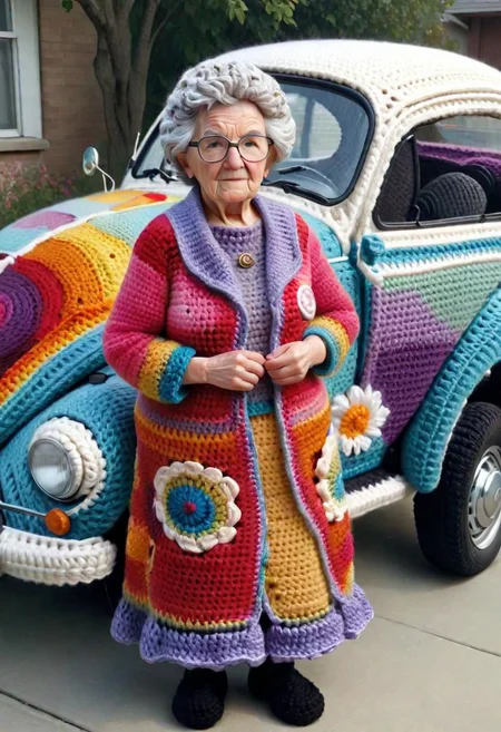 Crocheted Grandma standing beside a Volkswagen Beetle