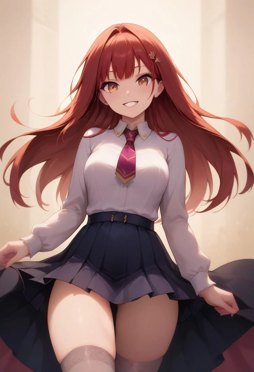 score_9, score_8_up, score_7_up, score_6_up, easynegative, PalyGinny, smile, detailed face, (saturated, colorful), (long shot, thighs, skirt, wide hips, slim), dynamic pose, stockings, (perfect hands:1.3),