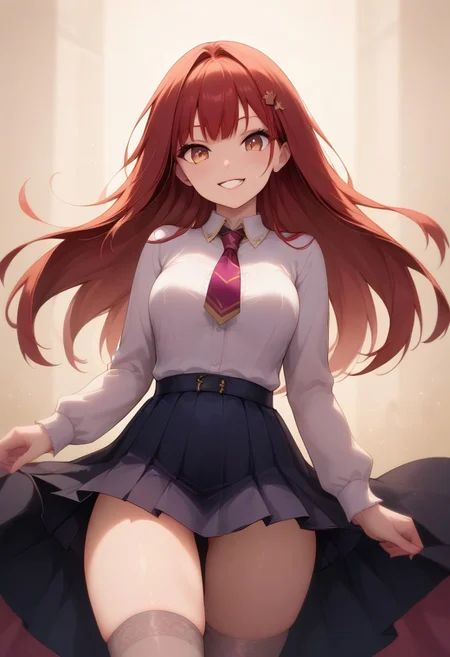 score_9, score_8_up, score_7_up, score_6_up, easynegative, PalyGinny, smile, detailed face, (saturated, colorful), (long shot, thighs, skirt, wide hips, slim), dynamic pose, stockings, (perfect hands:1.3),