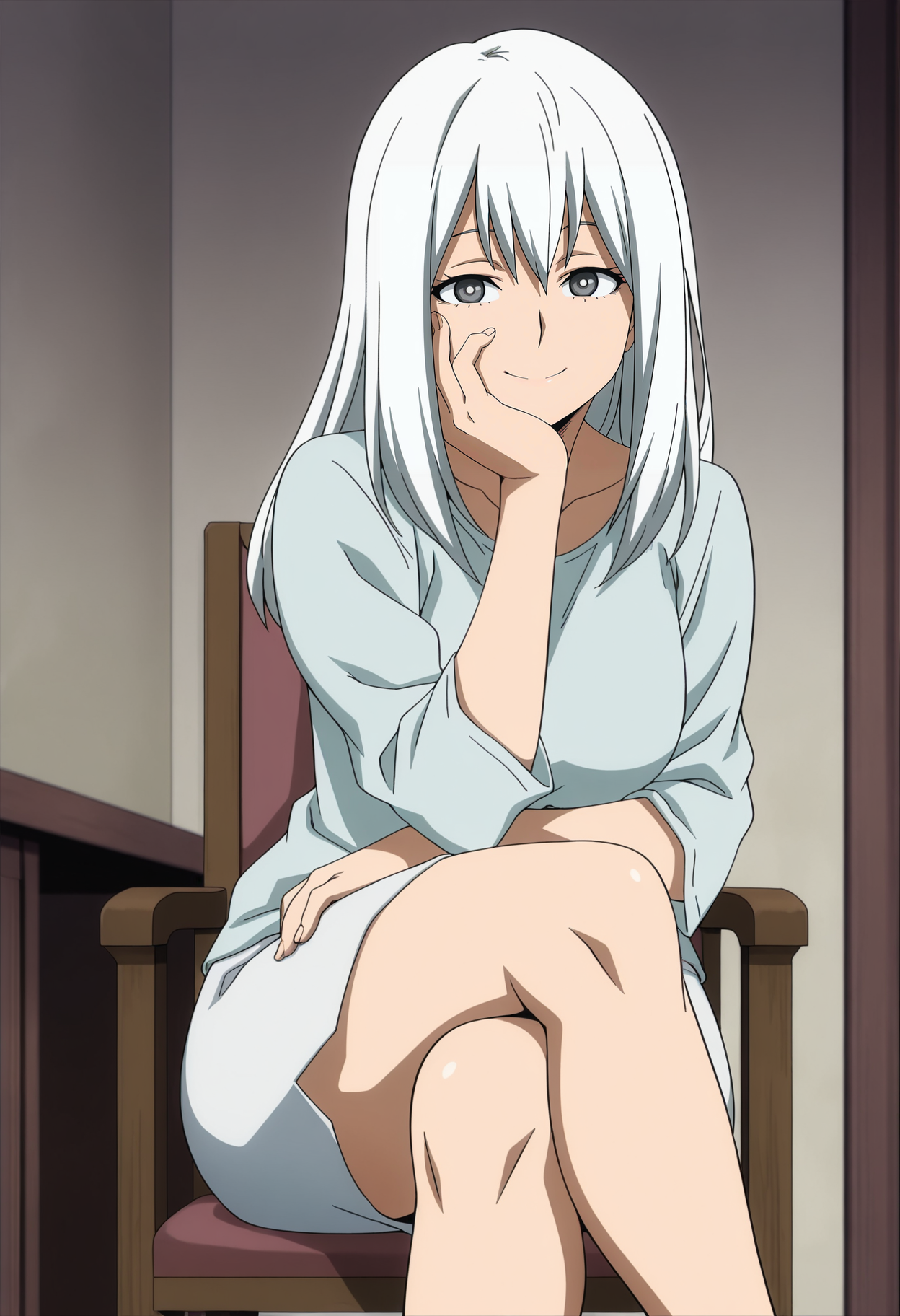 1girl,solo,mm,mature female,white hair,long hair,grey eyes,anime coloring,
shirt,skirt,sitting,on chair,looking at viewer, smile,hand on own face,indoors,crossed legs, 
,masterpiece,best quality,amazing quality,<lora:Rei_Todoroki-My_Hero_Academia:0.8>