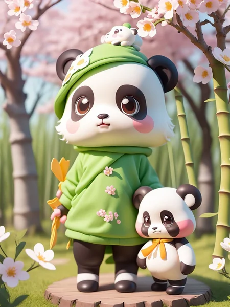 (masterpiece),(best quality),(ultra-detailed), (full body:1.2),
panda,bamboo forest, cute, mascot,
flowers, outdoors, blush, tree, :3, cherry blossoms, green headwear, blurry, blush stickers,
(beautiful detailed face), (beautiful detailed eyes),
<lora:blindbox_V1Mix:1>