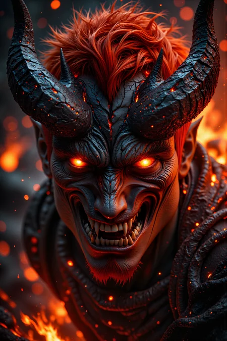 A hyper-realistic portrait, photorealistic photo close-up image of A close-up portrait of a male, with short, spiky red hair and dark, ashen skin, belonging to a race of volcanic spirits. He appears to be in his late 20s, his eyes glowing with molten fury beneath a jagged, horned mask. The mask is forged from volcanic rock, with sharp, jagged horns that jut out from the top, each one glowing faintly with the heat of the earthâs core. The surface of the mask is rough and uneven, with cracks that seep with molten lava, and from within, a low, rumbling growl can be heard. His lips are cracked and dry, and his eyes, visible through the mask, are filled with the fiery glow of molten rock. The background is a swirling inferno of deep reds and oranges, with flames and smoke rising up from the earth, creating a scene that is both intense and terrifying. The combination of the horned mask and the fiery background gives him the appearance of a dark, fiery spirit, risen from the depths of the earth to wreak havoc on the world above. (photography, high-resolution, dynamic, energetic,hyper-realistic, dramatic lighting, shallow depth of field.), detailmaximizer, MythP0rt<lora:midjourney_whisper_flux_lora_v01:0.55><lora:aidmaMJ6.1-FLUX-V0.1:0.4><lora:FluxMythP0rtr4itStyle:0.4><lora:detailed_flux_ntc:2.2><lora:aidmaImageUpgrader-FLUX-V0.1:0.65>