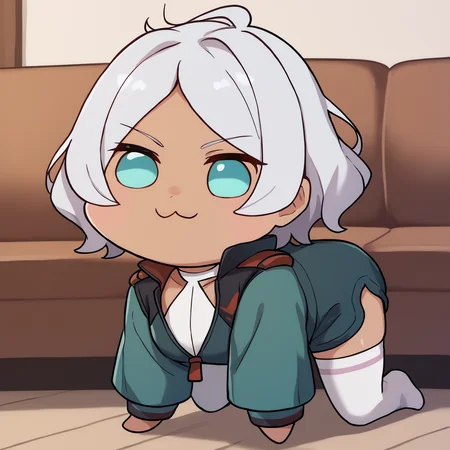 score_9, score_8_up, score_7_up, 1girl, solo, seciDo, dark skin, dark-skinned female, aqua eyes, silver hair, short hair, parted bangs,
seceUni, green jacket, shoulder boards, emblem, partially unzipped, halterneck, white leotard, green sleeves, two-sided sleeves, layered sleeves, green shorts, short shorts, white thighhighs,
<lora:Doro_X_PDXL_V1:1.1>, doro, creature, :3, chibi, no humans, four legs, solid circle eyes, no pupils, smug, from side, all fours,
indoors, couch, on couch,
<lora:SeceliaDotePDXL_V1-Manityro-CAME:1.0>,