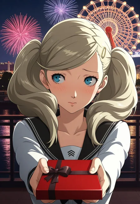 masterpiece,best quality,amazing quality,anime coloring, anime screencap, official art,
Ann Takamaki, persona 5, school uniform,
standing, (shy),looking at viewer, Blonde Twintails, Light Blonde, wind, upper_body,gift box, holding gift close, Accepting gift, looking away, outdoors, night, city lights, full moon, backlighting, fireworks, Ferris wheel,photo background,realistic background, reflection, POV,