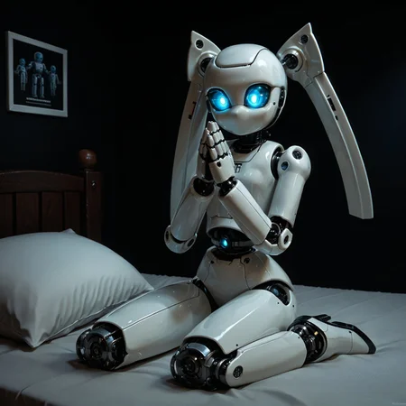 embedding:urn:air:sd1:embedding:civitai:222256@250708, [[drosselvonflugel]],sitting on bed, dark room lonely pose, perfect hands praying, warm photo, score_9,score_8, detailed closeup, hands beckoning, cute robot girl, medium twintails, glossy white plastic body panels, LED optic eyes, Roboticizer,atompunk