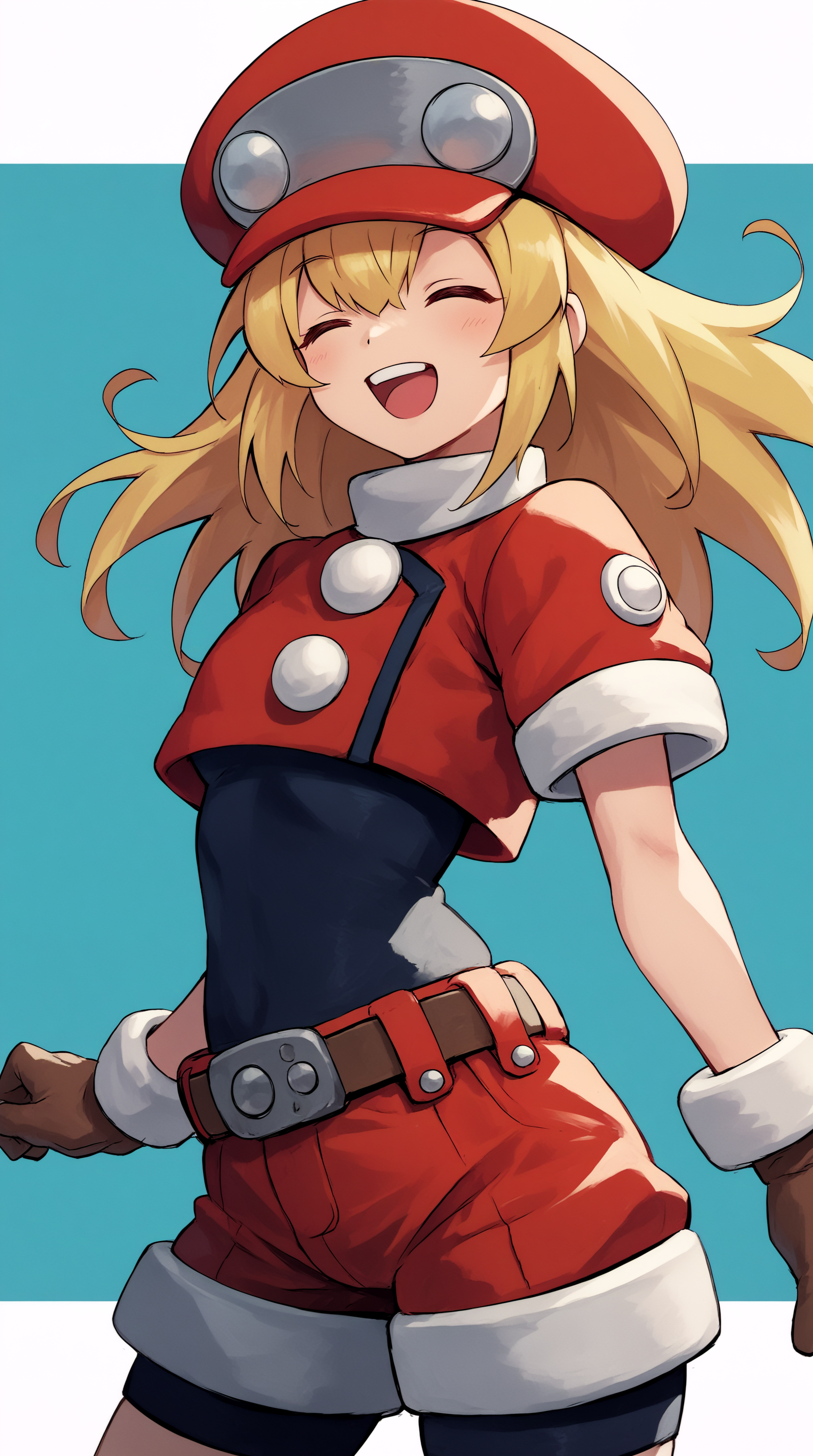 score_9, score_8_up, score_7_up, best background, detailed background, 4k, upscale, anime_source,  Roll Caskett, Main Outfit, solo, smile, open mouth, closed eyes, two-tone background, spandex  <lora:JN_Roll_Caskett_Pony:0.8>