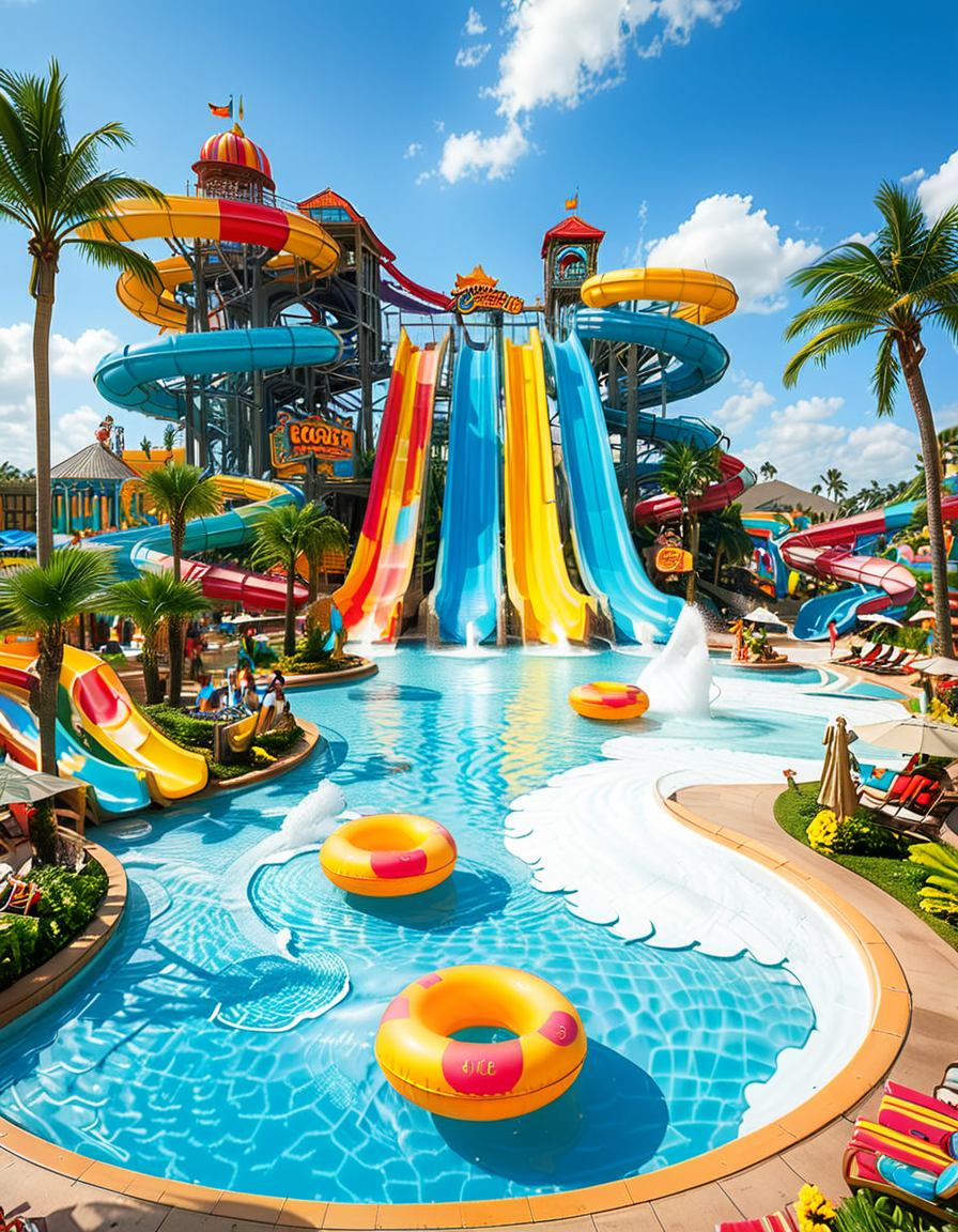 A vibrant and exciting water park on a sunny summer day, filled with families and friends enjoying the attractions. In the foreground, a massive twisting water slide with bright colors (blue, yellow, and red) spirals down into a large, crystal-clear pool. People are mid-air, splashing into the water with big smiles and excitement on their faces. To the left, a lazy river with inflatable tubes gently floats visitors under small waterfalls and palm trees. In the center, a giant wave pool creates artificial waves, with children and adults riding them on inflatable boards. A tall, multi-story play structure with water cannons, tipping buckets, and small slides is surrounded by kids laughing and playing. The background features lounge chairs with sunbathers, colorful umbrellas, and a snack bar selling ice cream and drinks. The sky is bright blue with fluffy white clouds, and the sunlight reflects off the wet surfaces, enhancing the cheerful summer atmosphere. The overall mood is fun, energetic, and full of joy.
<lora:SDXLFaeTastic2400:0.4> <lora:extremely_detailed:0.4> extremely detailed, <lora:water_p4rk:1>,water p4rk, Masterpiece,best quality,hi res,8k,hi res,8k,award winning,(sharp focus, intricate, highly detailed),