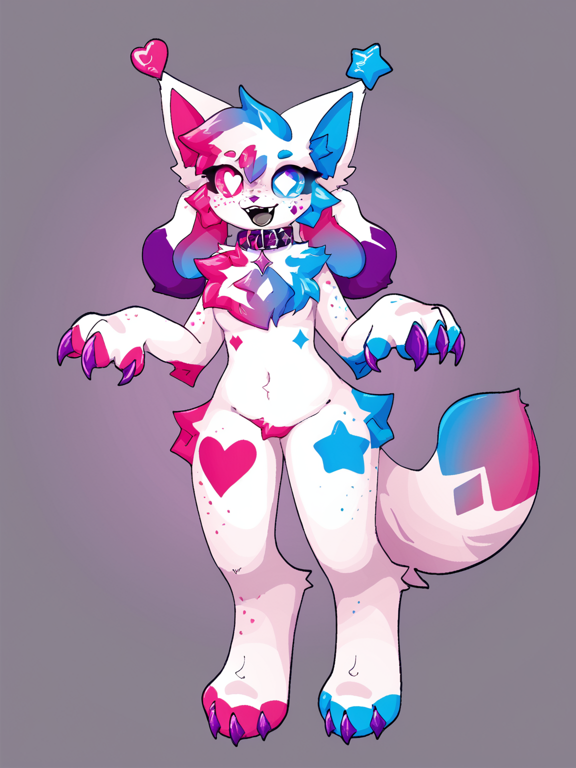 score_9, score_8_up <lora:crystal_sprinkles-PONY:0.8> crystalsprinkles, female, solo, looking at viewer, open mouth, full body, collar, freckles, chest fur, claws, animal nose, body fur, flat color, shading, heart-shaped symbol, star-shaped symbol