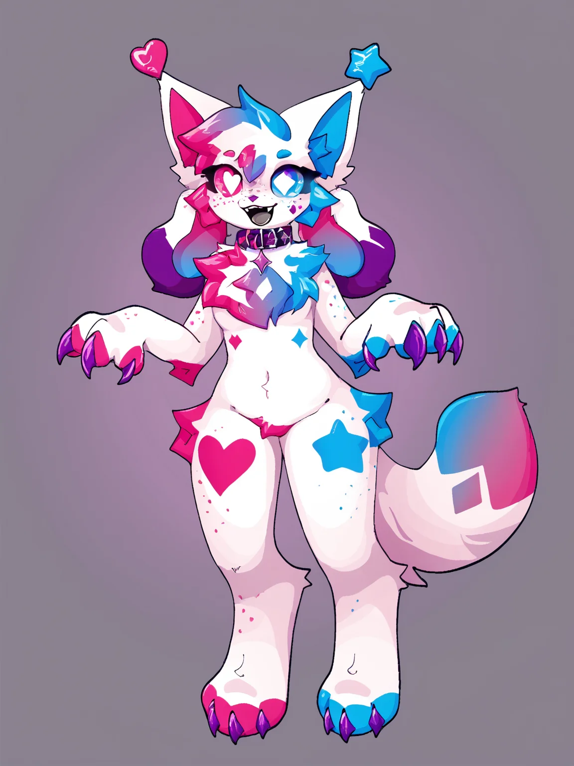 score_9, score_8_up <lora:crystal_sprinkles-PONY:0.8> crystalsprinkles, female, solo, looking at viewer, open mouth, full body, collar, freckles, chest fur, claws, animal nose, body fur, flat color, shading, heart-shaped symbol, star-shaped symbol
