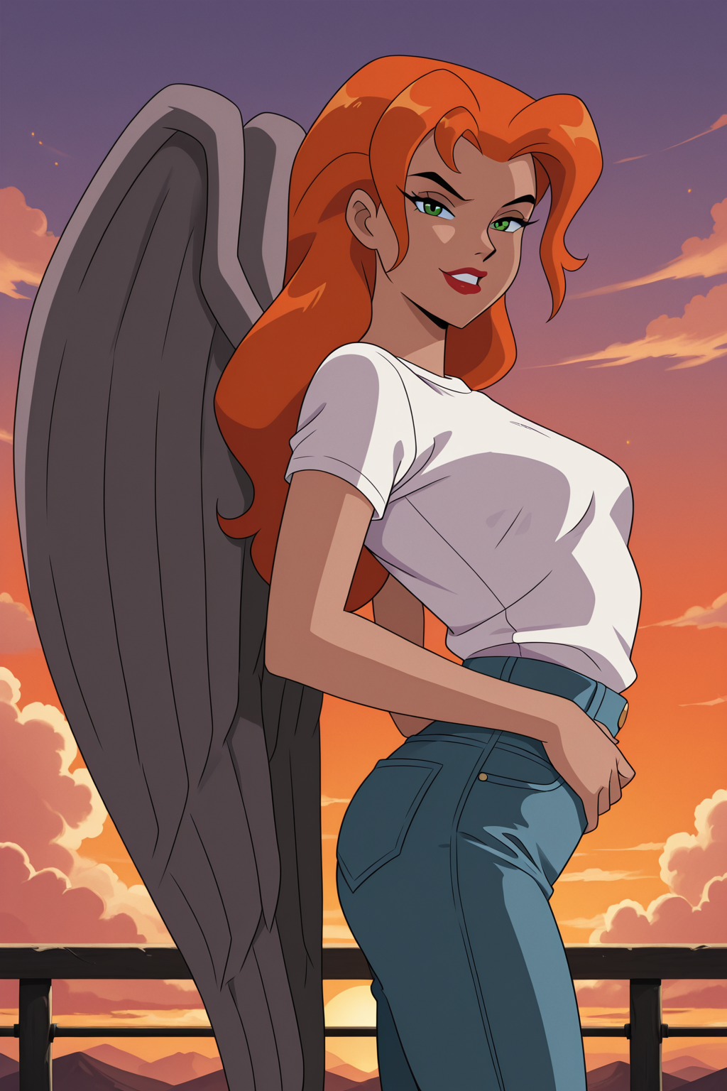 ((parody, retro artstyle), perfect anatomy, perfect eyes, cowboy shot) BREAK <lora:HawkgirlIL:1> shayera hol, wings, long hair, orange hair, green eyes, lipstick, naughty eyes, sultry face, ((looking at viewer)), white shirt, short sleeves, jeans, arched back, standing, model pose, hand on waist, clouds, sky, sunset, outdoors
