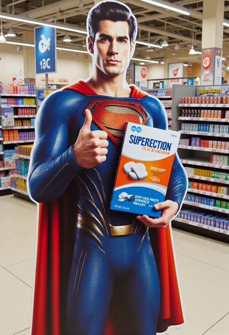 <lora:Cardboard_Cutout_Creator_FLUX-000021:0.9>
The image is a high-resolution photograph taken inside of a grocery store, showcasing a large, detailed, 3D cardboard cutout of Superman giving a thumbs up while holding a box of pills labeled "SUPERECTION"