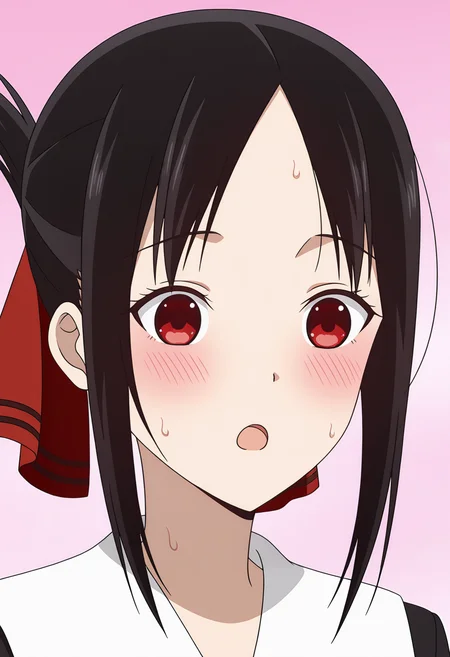 <lora:Kaguya SHINOMIYA_illustrious-000010:1>,1girl,solo,Kaguya SHINOMIYA,
solo, blush, open mouth, ribbon, school uniform, hair ribbon, red ribbon, portrait, parody, sidelocks, sweat, parted bangs, pink background, meme, :o, anime screencap