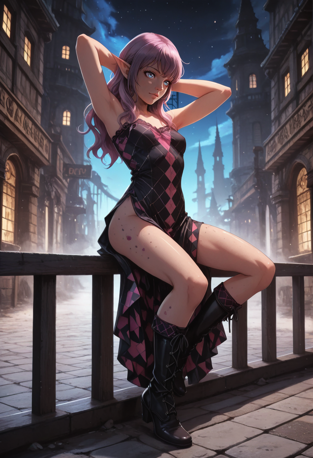 realistic, very awa, ambient occlusion, ray tracing, [sei shoujo], [yoshiten], [takeuchi_takashi], [libbyframe], style parody, [bang_dream!], [arcane:_league_of_legends], [league_of_legends], saturated, colorful, (dynamic angle:1.3), (cowboy shot:1.2) BREAK 1girl, solo, <lora:elves:0.5> half elf, pointed ears, pastel burgundy hair, french twist hair, blue eyes, (alabaster skin:1.2), stocky body, narrow waist, long legs, small breasts, perfect hands, shiny lips, (cheerful), doyagao,staring BREAK wearing bold argyle (detailed blue_purple leather lacetrimmed dress), round back, loin cloth, ankle socks, knee boots, BREAK medieval, fantasy, outdoors, fantasy town square, plaza, wood buildings, earth streets,, urban details, streets,store fronts, reclining, sitting, seiza , arms behind head, against railing, spring, night, dark, cool light, heavy shadows,, dynamic lighting BREAK <lora:reij-detaILer:0.9> <lora:light-000167:0.6> <lora:onespeg_art_style:0.7> 0n3sp3g <lora:yazloba_darkfantasy_v.2:0.6>