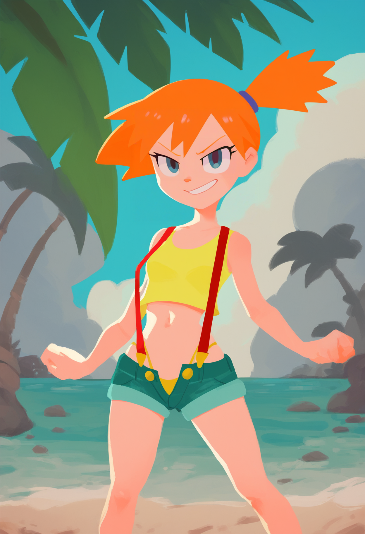 score_9, score_8_up, score_7_up, score_6_up, score_5_up, score_4_up, BREAK,
misty \(pokemon\), orange hair, wearing a yellow crop top and a short shorts, thong, suspenders, challenging the viewer, smirk, BREAK, sand, sea, blue sky, tropical island background    <lora:SplatoonXLLocon:1>