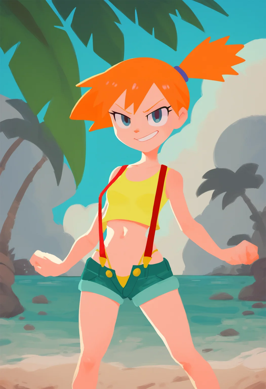 score_9, score_8_up, score_7_up, score_6_up, score_5_up, score_4_up, BREAK,
misty \(pokemon\), orange hair, wearing a yellow crop top and a short shorts, thong, suspenders, challenging the viewer, smirk, BREAK, sand, sea, blue sky, tropical island background <lora:SplatoonXLLocon:1>