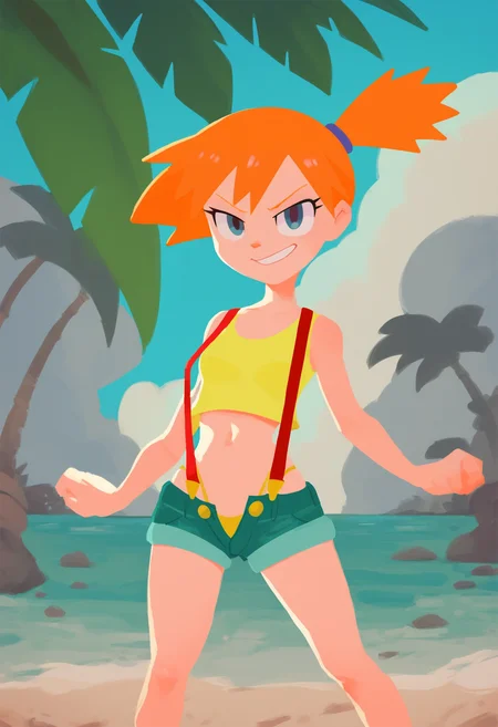 score_9, score_8_up, score_7_up, score_6_up, score_5_up, score_4_up, BREAK,
misty \(pokemon\), orange hair, wearing a yellow crop top and a short shorts, thong, suspenders, challenging the viewer, smirk, BREAK, sand, sea, blue sky, tropical island background <lora:SplatoonXLLocon:1>
