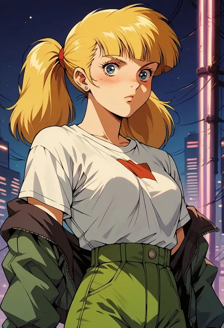 score_9, score_8_up, score_7_up, score_6_up, score_5_up, score_4_up, source_manga, rating_questionable, 1girl, penny \(inspector gadget\), human, cyberpunk, punk, breasts, undercut, blonde hair, pigtails, blue eyes,
shirt, stripe, green pants, cowboy shot, night, neon, vaporwave, retro artstyle, tv still,