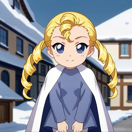 score_9, score_8_up, score_7_up BREAK Alkanet, 1girl, blonde hair, blue eyes, drill pigtails, long-sleeved blue dress, white tights, blue mary-jane shoes, white cape, female, female focus, screenshot, official art, parody, anime footage, official design, screencap, anime screenshot, official screenshot, 2d, anime, source_anime, solo, solo focus, happy, excited, cute, snowy city outdoors, snow city background, beautiful scenery,