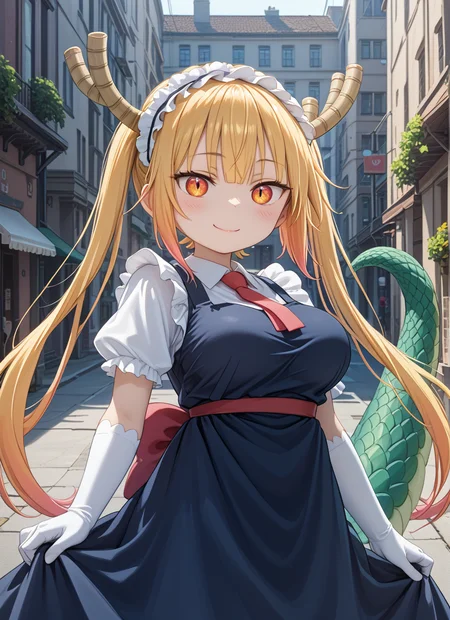 score_9,score_8_up,score_7_up,source_anime BREAK prefect lighting,very aesthetic,prefect hands,best quality,
intricate details,highly detailed background,(masterpiece:0.9),high quality,lustrous_skin,skindentation,(zPDXL3),
ultra delicate hair,
face_detail,
skin_detail,<lora:cfg_scale_boost:0.5>,
lustrous_skin,skindentation,
shiny skin,
<lora:Tohru_Pony:1>,Tohru_(Maidragon),
orange_eyes,slit_pupils,blonde_hair,long_hair,gradient_hair,twintails,large_breasts,dragon_girl,dragon_horns,(dragon_tail:1.1),maid_headdress,blue_dress,red_necktie,puffy_short_sleeves,white_gloves,elbow_gloves,collared_shirt,frills,
masterpiece,best quality,score_9,score_8_up,score_7_up,ultra-detailed,Best-A,Medium-B,Low-C,Bad-D,
cute,light_blush,city,street,smug,