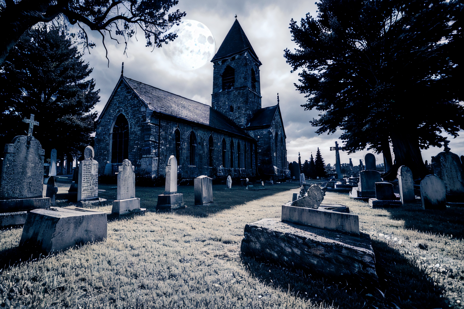 (Realisitc:1.5) EdobChurchCemeteryCreepyNight church a cemetery, black sky, in the dark, with a full moon in the background <lora:EdobChurchCemeteryCreepyNight_v1.0:0.8>