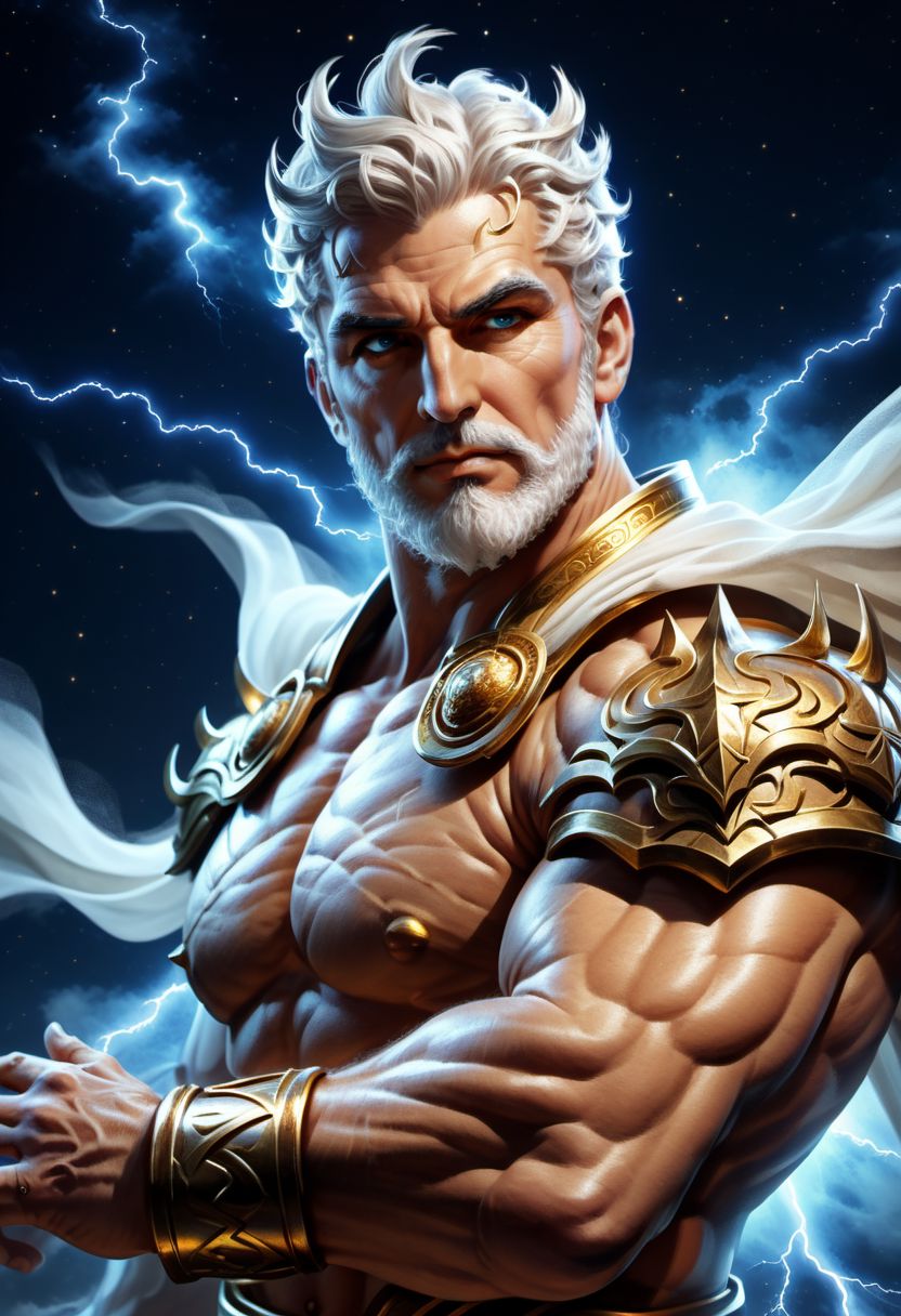 4k, digital art, semi realistic, fantasy, best quality, masterpiece, very detailed, dynamic angle, dynamic pose, seen from the side, pov from the side, portrait of a male bodybuilder, huge bodybuilder, mature, massive arms, huge pectorals, short hair, white hair, white beard, long beard, handsome, big nose, big eyes, anime eyes, greek god, wearing a greek tunic, ancient greece, fighting, holding a golden thunder, surrounded by thunder, night sky on the background (cinematic light, volumetric),