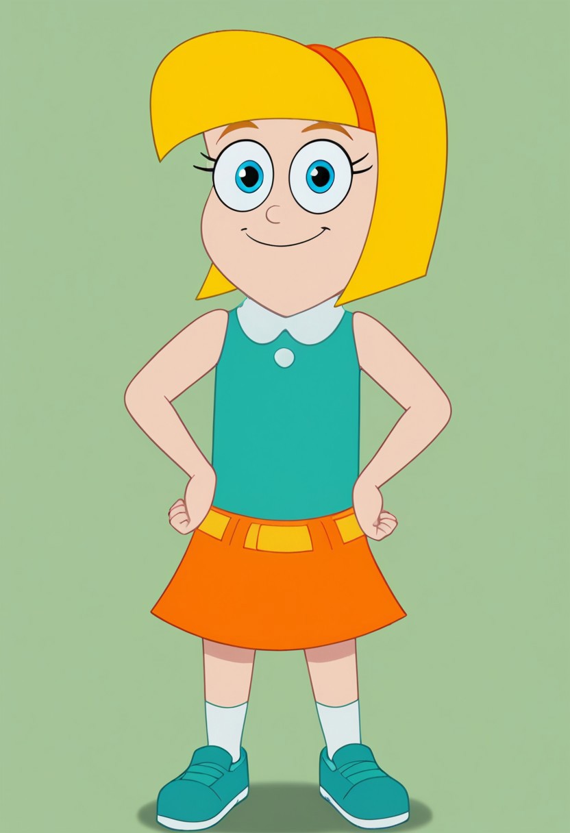 ((bedroom background)),score_9, score_8_up, score_7_up,score_6_up, 
1girl, solo, Gretel_HYG, light skin, blue eyes, blonde hair, short hair, orange headband, teal sleeveless shirt with white collar, orange skirt, yellow belt, white socks, blue sneakers, big eyes, short stature, social smile, perfect eyes, perfect smile, looking at the viewer, detailed eyes, perfect eyes, standing (front pose, bust shot) five fingers, perfect hands, (hands on hips)