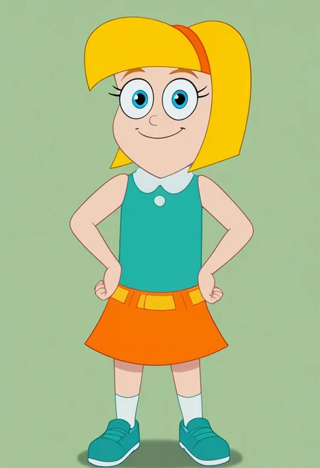 ((bedroom background)),score_9, score_8_up, score_7_up,score_6_up, 
1girl, solo, Gretel_HYG, light skin, blue eyes, blonde hair, short hair, orange headband, teal sleeveless shirt with white collar, orange skirt, yellow belt, white socks, blue sneakers, big eyes, short stature, social smile, perfect eyes, perfect smile, looking at the viewer, detailed eyes, perfect eyes, standing (front pose, bust shot) five fingers, perfect hands, (hands on hips)