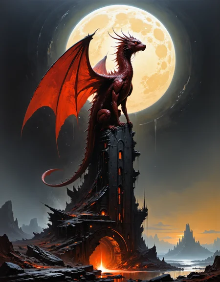 A highly detailed oil painting of an ancient red dragon perched on a crumbling tower, its scales dark as night, but its eyes burning with a fiery glow. The full moon looms behind it, casting a haunting light on the desolate landscape below , looking up, Charcoal Black hue and Moonlit Silver tint, masterpiece, ultra detailed, high quality <lora:artisketchyfs-v02:0.9> <lora:artilands:0.7>