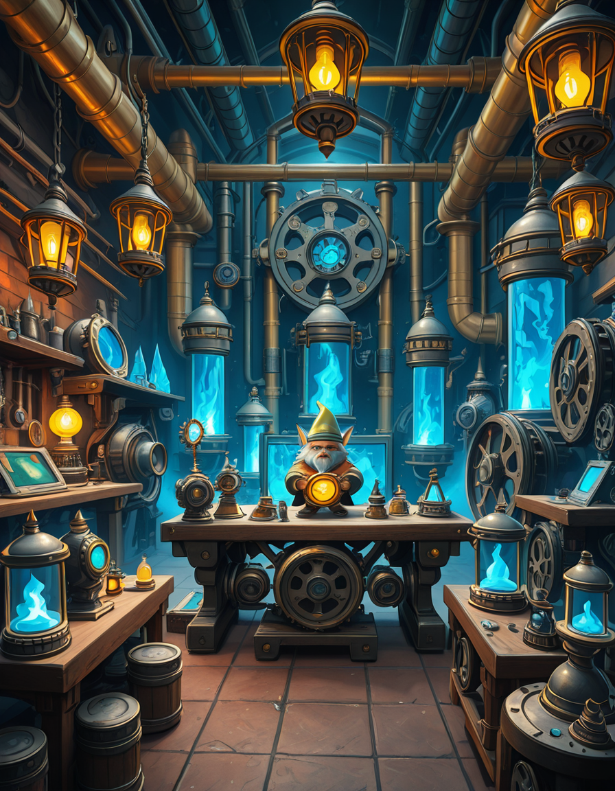 A highly detailed and immersive gnome workshop inspired by World of Warcraft, filled with intricate mechanical devices, glowing gadgets, and arcane-infused machinery. The workshop is cluttered with blueprints, gears, and steam-powered contraptions, creating a vibrant steampunk-fantasy aesthetic. The lighting comes from flickering arcane lamps, neon-colored tubes, and softly glowing mana crystals, casting a warm yet mysterious ambiance. In the background, large brass pipes, rotating cogs, and suspended platforms form a complex, multi-layered workspace. A large workbench at the center is covered with half-finished inventions, from tiny clockwork creatures to experimental energy weapons. The walls are adorned with schematics, tool racks, and magical energy conduits. The atmosphere feels lively, as if gnome engineers have just stepped away from their latest tinkering project, leaving sparks flying and steam hissing from unfinished experiments. The color palette is a mix of vibrant blues, greens, and metallic hues, enhancing the high-tech yet whimsical charm of gnomish engineering.<lora:SDXLFaeTastic2400:0.4> <lora:extremely_detailed:0.4> extremely detailed,gnome w0rksh0p <lora:gnome_w0rksh0p-i:1>, Masterpiece,best quality,hi res,8k,hi res,8k,award winning,(sharp focus, intricate, highly detailed),