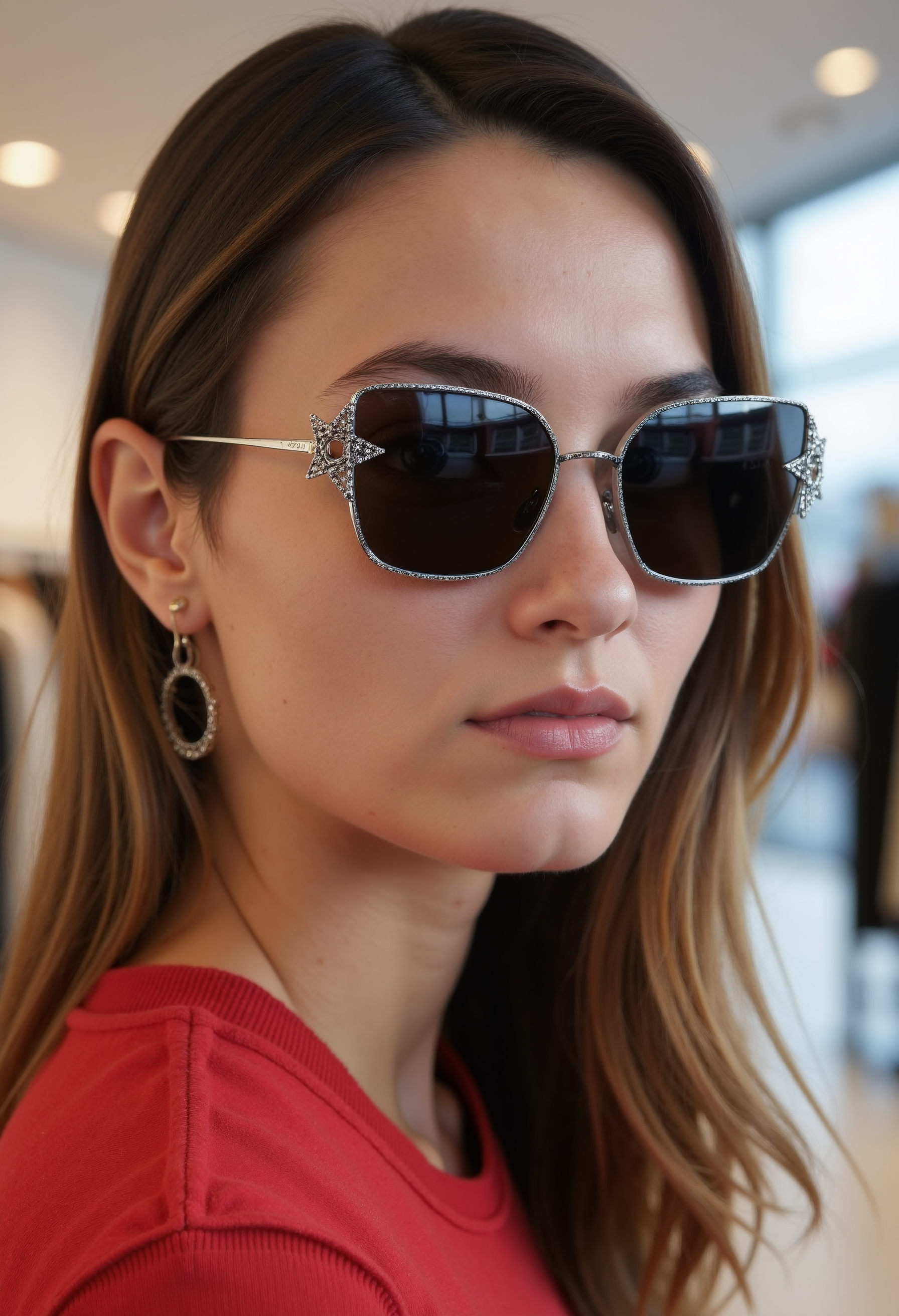 clo035, beautiful young woman, wearing a Christian Dior sunglasses with a metal frame and black lenses. The sunglasses have a star-shaped design. red form fitting top, black belt. looking in the camera, smiling, in a fashion store, front view