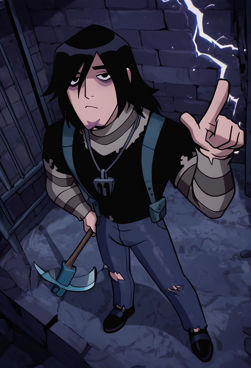 masterpiece, best quality, amazing quality, very aesthetic, absurdres, newest,
kevinov, black hair, bags under eyes, long hair, black eyes, necklace, goatee, layered sleeves, black shirt, long sleeves, short over long sleeves, torn clothes, striped sleeves, jeans, overall belt, 
dynamic pose, prison cell, dungeon cell, lightning, dark, no light, pointing to wall, from above, holding pickaxe,