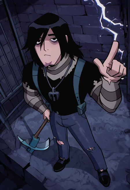 masterpiece, best quality, amazing quality, very aesthetic, absurdres, newest,
kevinov, black hair, bags under eyes, long hair, black eyes, necklace, goatee, layered sleeves, black shirt, long sleeves, short over long sleeves, torn clothes, striped sleeves, jeans, overall belt,
dynamic pose, prison cell, dungeon cell, lightning, dark, no light, pointing to wall, from above, holding pickaxe,