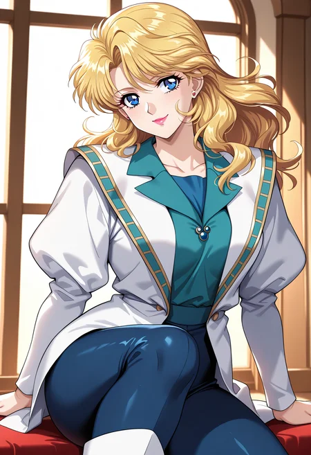 masterpiece, best quality, very aesthetic, absurdres, 1girl, solo, official style, retro artstyle,
<lora:tytti_norrback_v01:1.0>, tytti_norrback, blonde hair, long hair, blue eyes,
stud earrings, lipstick, white jacket, puffy long sleeves, shirt, jewelry, blue pants, white boots, (smile:0.7), posing